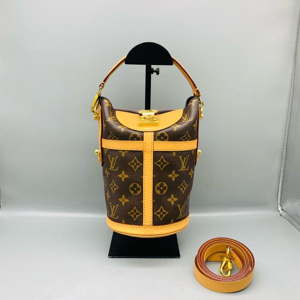 DUFFLE 棕色涂层帆布老花薯条包单肩包 金色五金